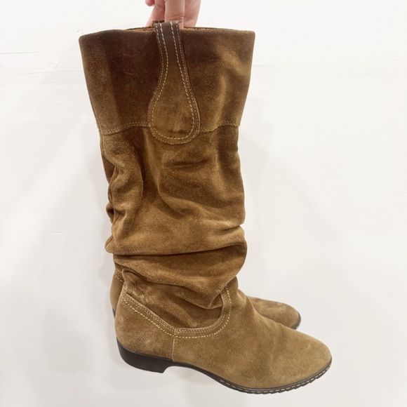 Sofft Tan Suede Leather Ruched Flat Boots Dark Tan 8.5 Western Fall Cottagecore - Picture 1 of 11